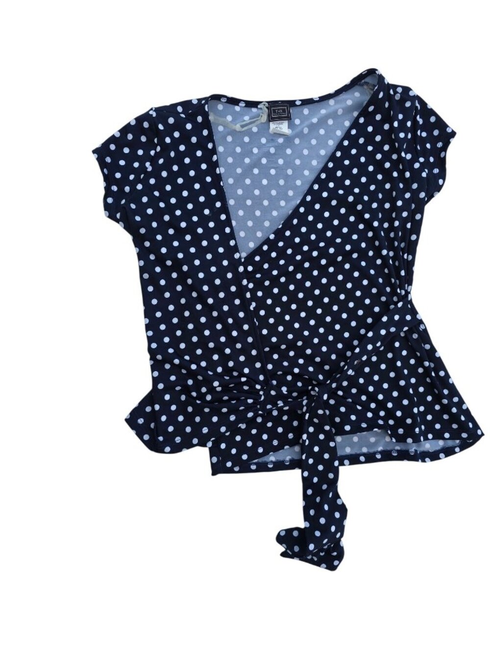 THX Thanx Collection Women's Wrap Top Navy Blue Polka Dot Size M Polyester
